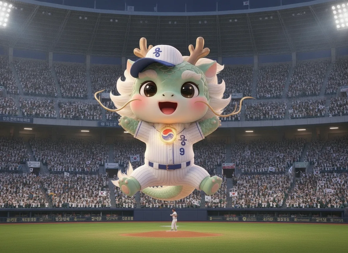 Dodori, this site's dragon mascot, in a baseball uniform mid-jump over a packed stadium